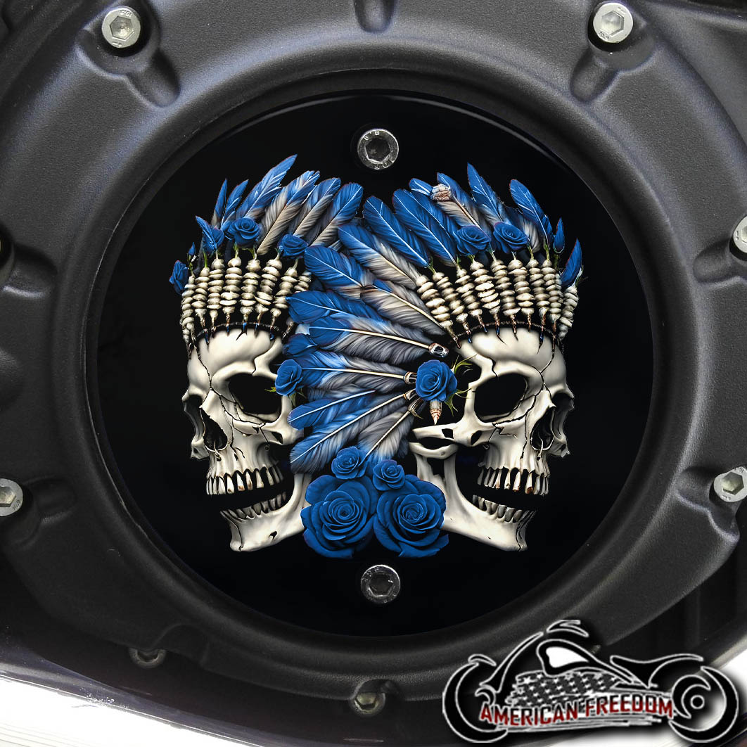 Indian Scout Derby Cover - Headdress Rose Skulls Blue